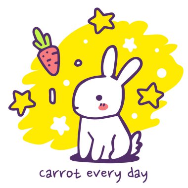 Sarı zemin üzerinde havuç ve yıldız olan küçük beyaz tavşanın vektör çizimi. Web, site, tebrik kartı, davetiye, parti posteri ve afiş için tavşanlı satır sanatı tasarımı