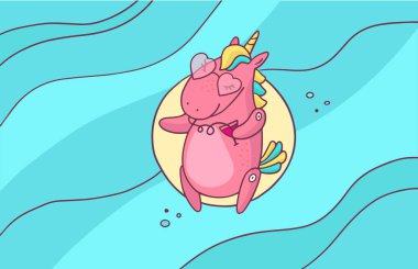 Havuzda yüzen ve kokteyl içen sihirli pembe tek boynuzlu atın vektör yaz çizimi. Mavi arka planda altın boynuzu olan küçük bir midilli. Unicorn posteri, davetiyesi, tebrik kartı için satır tasarımı