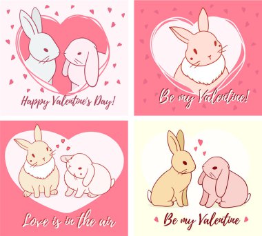 Vector sevgililer günü seti, kalp çerçeveli sevimli tavşanın renkli arka planda çizimi, mesajla. Web, site, tebrik kartı, düğün davetiyesi, afiş, poster için satır sanatı tasarımı