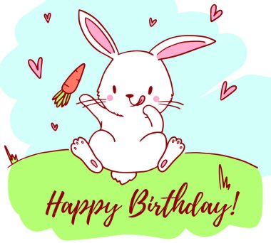 Çimlerin üzerinde havuç ve kalple mutlu bir tavşanın temsili. Web, site, tebrik kartı, davetiye ve afiş içeren satır sanatı tarzı doğum günü tasarımı