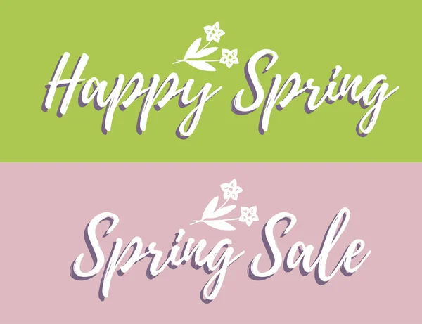 Vector Set Spring Banner Text Green Pink Background White Flower — Stock Vector