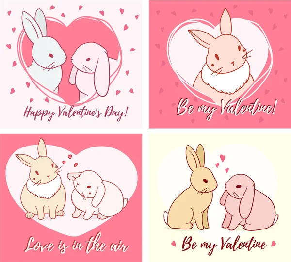 Vector Valentine Day Set Illustration Lovely Rabbit Heart Frame Color — Stock Vector