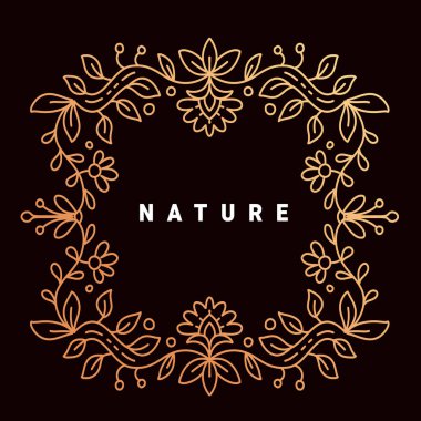 Koyu arkaplanda altın renkli çiçek çerçevesi ve metin doğasına sahip vektör şablonu