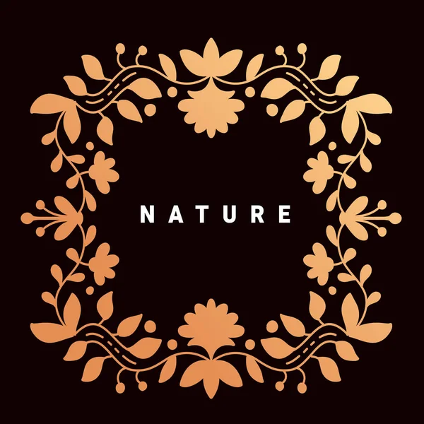 带有文字自然和深色背景花卉装饰框架的矢量金色模板 — 图库矢量图片