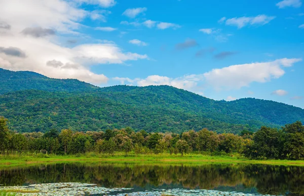 Image Beauty Sunny Day Lake Green Mountain Rain Spring Season — Stock Photo, Image