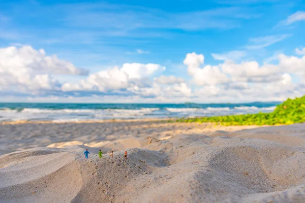 minifigure bebek fikir görüntüsü ile Kum Plajı üzerinde çalışan dört atlet bulanıklık güzel deniz gün zaman arka planda.