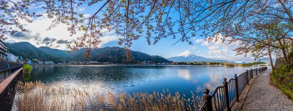 Πανοραμική Εικόνα Του Όρους Φούτζι Και Λίμνη Καβαγκούτσι Γέφυρα Kawaguchiko — Φωτογραφία Αρχείου