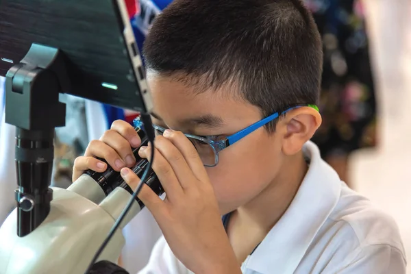 亚洲男孩用显微镜看小活的东西. — 图库照片