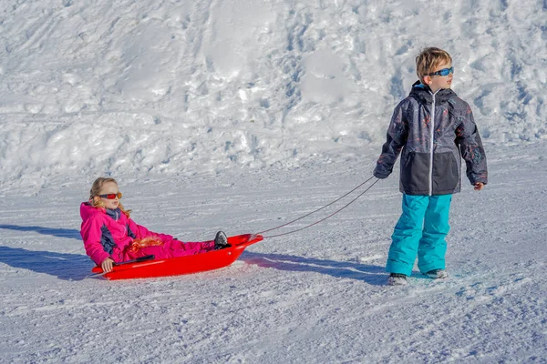 Ο αδερφός τραβούσε τα έλκηθρα των αδελφών του. Κοριτσάκι και αγόρι απολαμβάνουν τη βόλτα με έλκηθρο. Παιδικό έλκηθρο. Τα παιδιά παίζουν έξω στο χιόνι. — Φωτογραφία Αρχείου