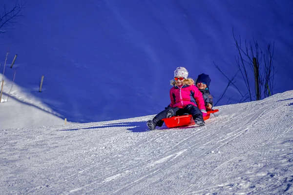 Két vidám gyerek szánkózik a hegyekben egy téli napon.. — Stock Fotó