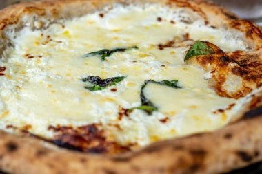 Tahta masada siyah tabakta ıspanaklı beş peynirli pizza. Seçici odak 