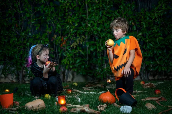 Kislány Fiú Boszorkányjelmezben Halloweenkor Éjszakai Kertben Almát Esznek Gyerekek Ünneplik — Stock Fotó