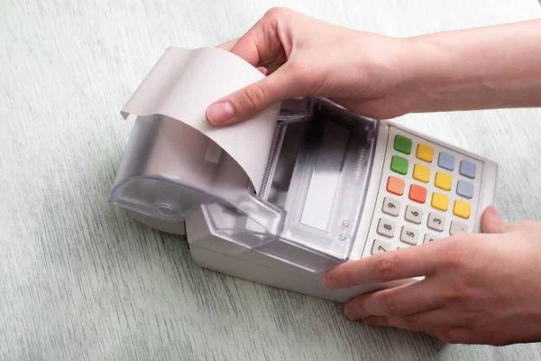 Close Young Woman Hands Tearing Check Cash Register Purchasing Product — Stock Photo, Image