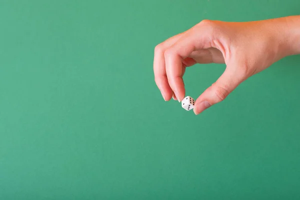 Female Hand Holds White Dice Green Background Idea Gambling Casino — Stock Photo, Image
