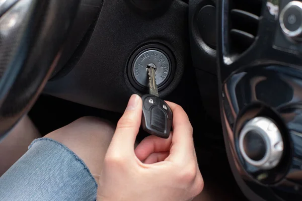 Driver Hand Inserting Car Key Turn Car Engine Ready Trip — Stock Photo, Image