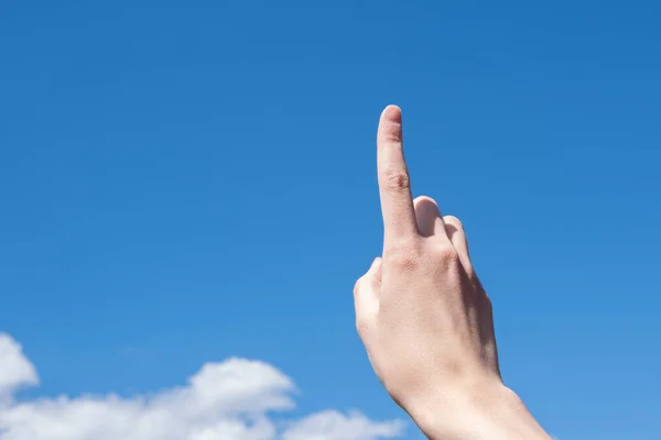 Close Female Hand Index Finger Background Blue Sky Clouds Copy — Stock Photo, Image