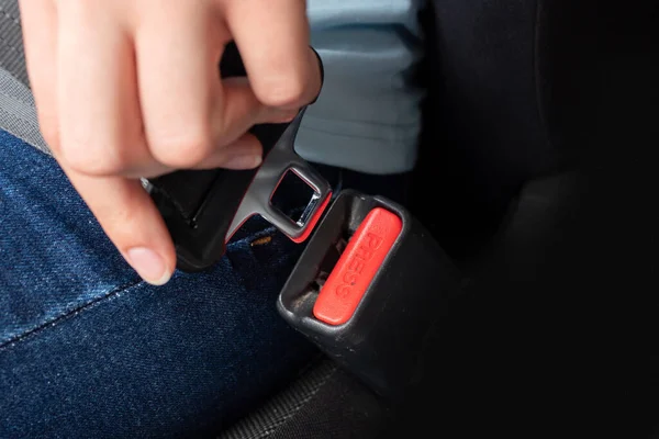 Close Caucasian Female Hand Holding Seat Belt Buckle Fastening Car — Stock Photo, Image