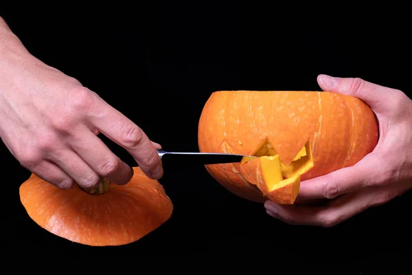 Step 3 Cutting eyes and mouth in a pumpkin with a knife to prepare Jacks lantern. Step-by-step instructions — Stock Photo, Image