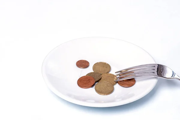 Euro Cent Coins White Plate Fork White Background Close Copy — Stock Photo, Image