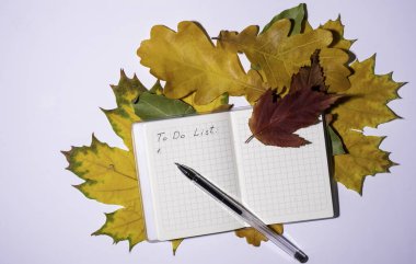 Yapılacaklar listesi için boş not defteri, beyaz arkaplandaki kalem ve sonbahar renkli yapraklar, düz yatış, kopyalama alanı, üst görünüm. Sonbahar için planlar. Sonbahar aylarında yapılacak işler listesi konsepti