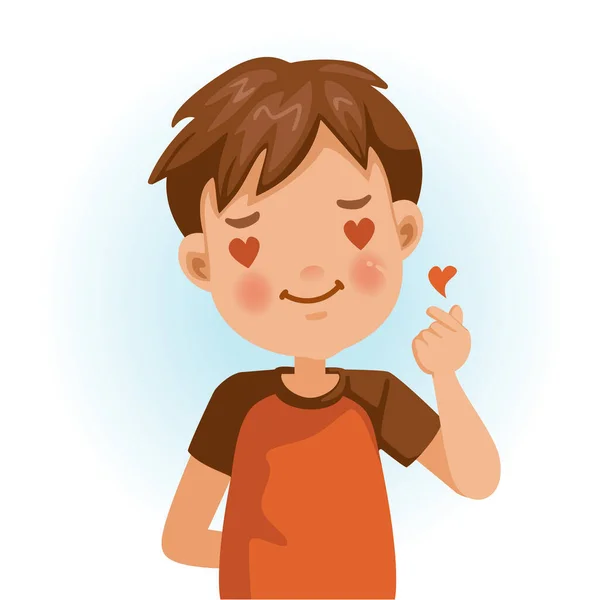 Boy Está Haciendo Pequeño Gesto Forma Corazón Que Muestra Sentimientos — Vector de stock