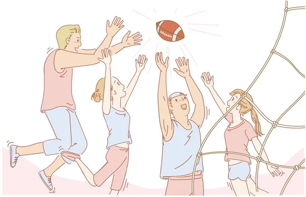 アメリカンフットボールをしたりジャンプしたり笑顔を浮かべたりするアメリカのサッカー友達は楽しい 休日の活動を一緒に スポーツの春 休暇中に屋外活動を楽しんでいる人々 漫画ベクトルイラスト — ストックベクタ
