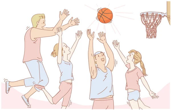 Los Amigos Del Baloncesto Jugando Baloncesto Saltando Sonriendo Caras Divierten — Archivo Imágenes Vectoriales