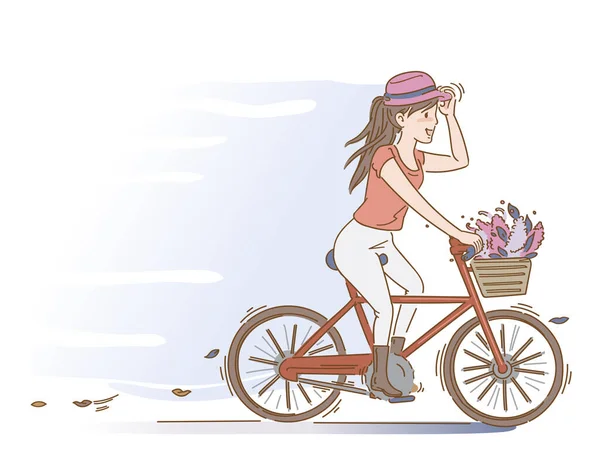 Women are cycling Women are cycling. female riding bicycle In the park  street in evening of summer. Vacationing on vacation. Cartoon vector hand  drawing style. - Stock Image - Everypixel
