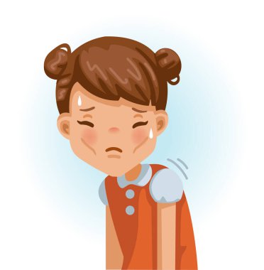 Zayıf küçük kız. İnce, bitkin, rahatsızlık ve yorgunluk. Üzgün kız. Yüzü pişmanlığını ifade ediyor. Çocuk yas tutuyor. Doğrudan sana bakıyorum. Vektör karikatür ve çizimler 