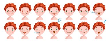 Kızıl saçlı çocuk yüz duygularıyla yüzleşiyor. Farklı ifadeli çocuk yüzü. Duygu çeşitliliği çocuklar. Erkek kafaları değişik ruh halleri ve farklılıklar gösterir. Öğrenci portresi avatarları.