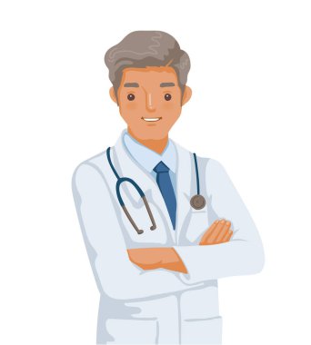 Beyaz elbiseli doktor. Katlanmış duruş. Yakışıklı erkekler gülümsüyor. Profesyonelliğin kişiliği 