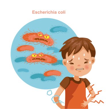 Karnı ağrıyan kırmızı tişörtlü çocuk ellerini karnına koyan çocuk. Şiddetli karın ağrısı olan çocuklar, tehlikeli işaretler. Çizgi film vektör çizimi beyaz üzerine izole edildi.