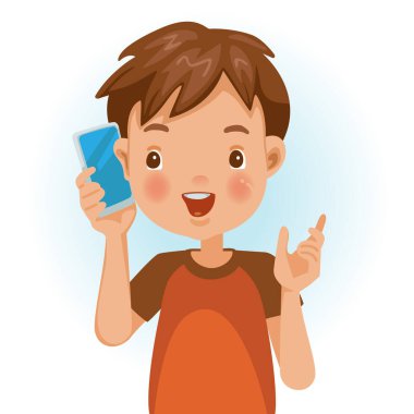 Küçük çocuk pozitif duygularla konuşmak için cep telefonu kullanıyor. Çocuk telefonda konuşuyor. Vektör çizgi film karakteri çizimi beyaz arkaplanda izole edildi.