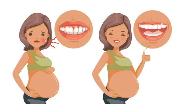 歯科ケア妊娠別の図健康な歯と口腔の問題の反対です 白い背景に独立したベクターイラスト — ストックベクタ