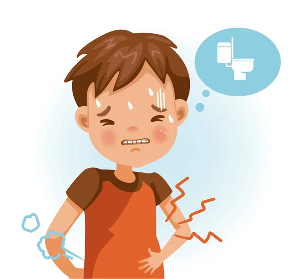 Little Boy Red Shirt Stomach Ache Child Holding His Hands — Stock Vector