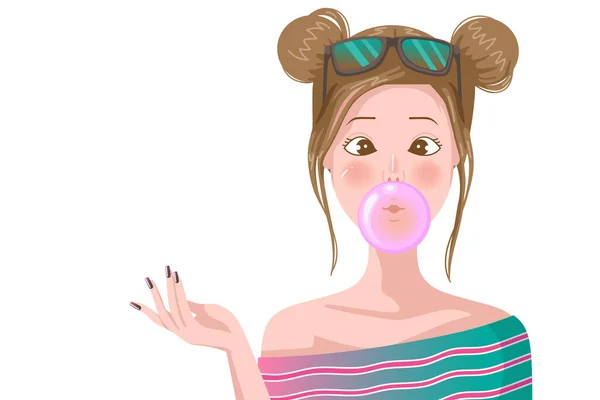 Gum Blowing Cute Young Girl Blowing Gum Bubble Women Chewing — Stock Vector