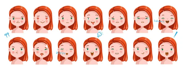 红头发女孩面对面部情绪设置 孩子面对不同的表情 孩子们 情绪的多样性 女户主表现出各种情绪和差异 男校肖像画 — 图库矢量图片