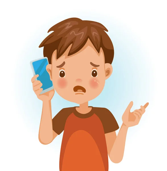 Petit Garçon Utiliser Téléphone Cellulaire Parler Avec Des Émotions Négatives — Image vectorielle