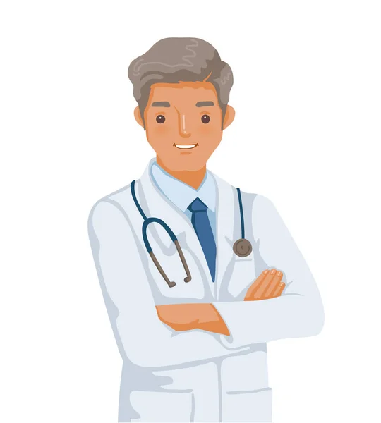 Doctor Vestido Blanco Postura Doblada Los Hombres Guapos Están Sonriendo — Vector de stock