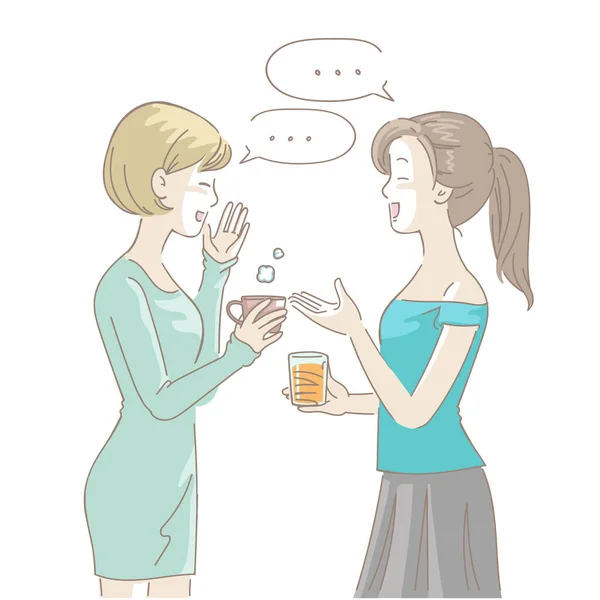 两个女性朋友在工作休息的时候聊天喝酒 在朋友之间聊天 人们在谈论 概念同事在办公室讨论这个项目 手绘风格 — 图库矢量图片