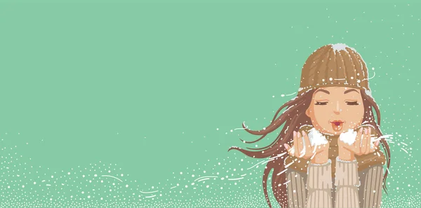Красива Дівчина Дме Сніг Мультяшна Ілюстрація Ізольована — стоковий вектор