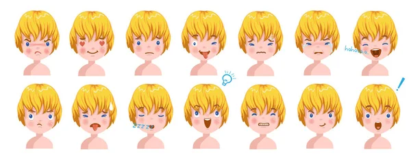 金发碧眼的男孩的面部情绪设置 孩子面对不同的表情 儿童情绪的多样性 — 图库矢量图片