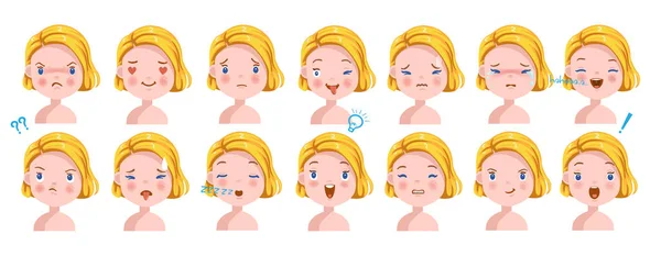 金发女孩的面部情绪设置 孩子面对不同的表情 儿童情绪的多样性 — 图库矢量图片