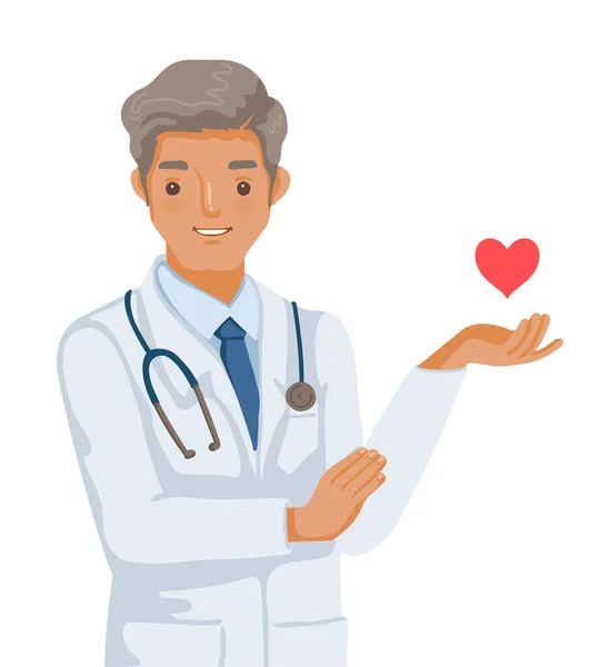 Srdeční Lékař Stojí Drží Srdce Ikonu Červené Odborná Práce Koncept — Stockový vektor