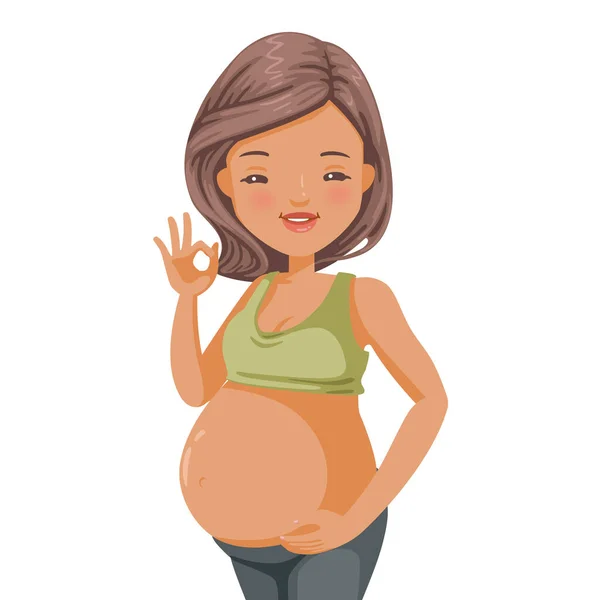 Vrolijke Zwangere Vrouw Staat Kijken Tonen Oké Gebaar Lachend Gelukkig — Stockvector