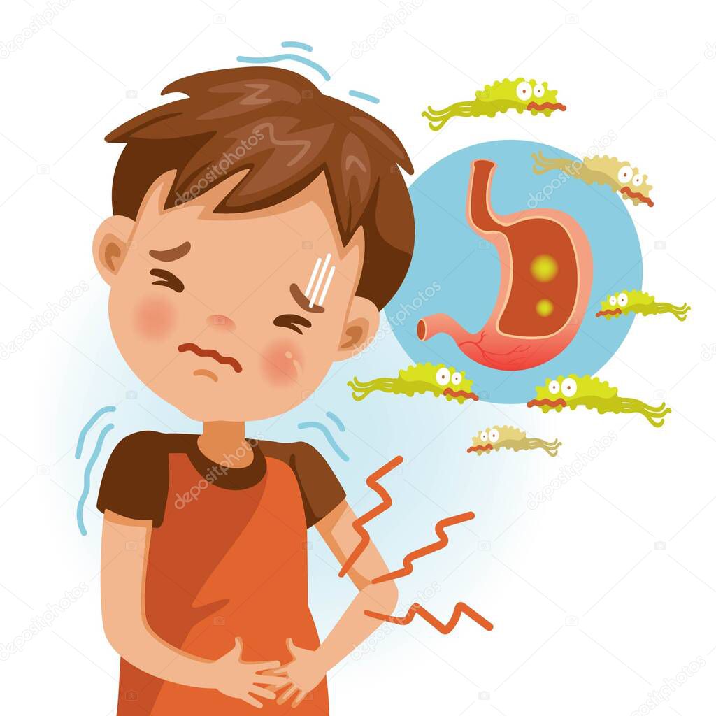 Boy suffering from stomach painful or Acid Reflux or Heartburn, Gas, Bloating, Belching and flatulence. Caused by gastrointestinal viral infections. gastrointestinal system disease. 