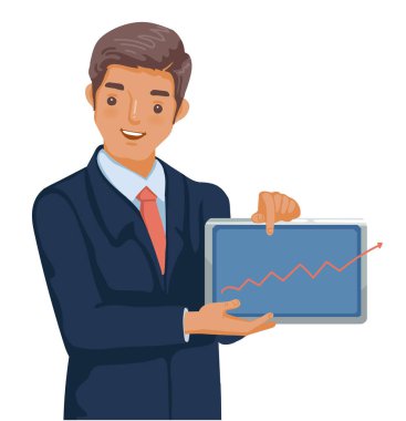 Elinde tablet olan bir iş adamı. Grafiği gösteren bir el. Başarılı bir şekilde gülümse. Profesyonel bir iş. Beyaz arkaplanda izole edilmiş vektör illüstrasyonu.