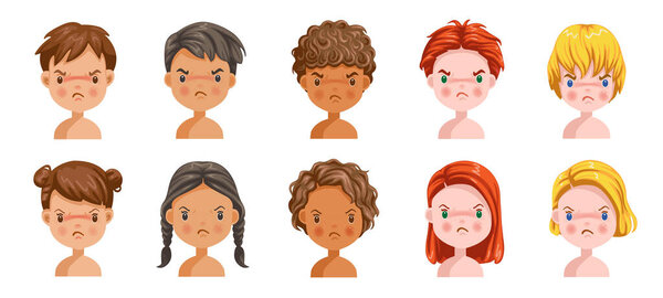 Boys and girls set emotions, feelings of tension and sullen. The face of an angry child. Different nationalities are different. A variety of children. Female and male heads. Picture of the students. 