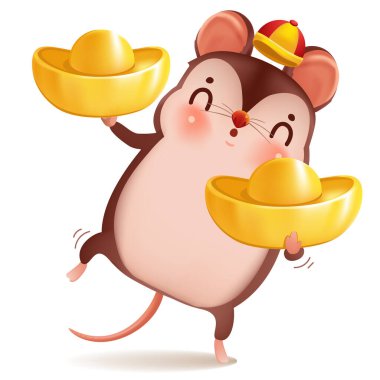 Mutlu Çin Yeni Yılı 2002. Altın taşıyan hayvan karakteri. Beyaz arkaplanda izole edilmiş vektör tasarımı.