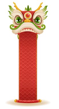 Çin yeni yılı ejderha dansı kafası. Elinde altınla süslenmiş kırmızı bir pankart var. Şanslı yılların maskotu, Çin Yeni Yılı. Çizgi film vektör çizimi beyaz arkaplanda izole edildi.